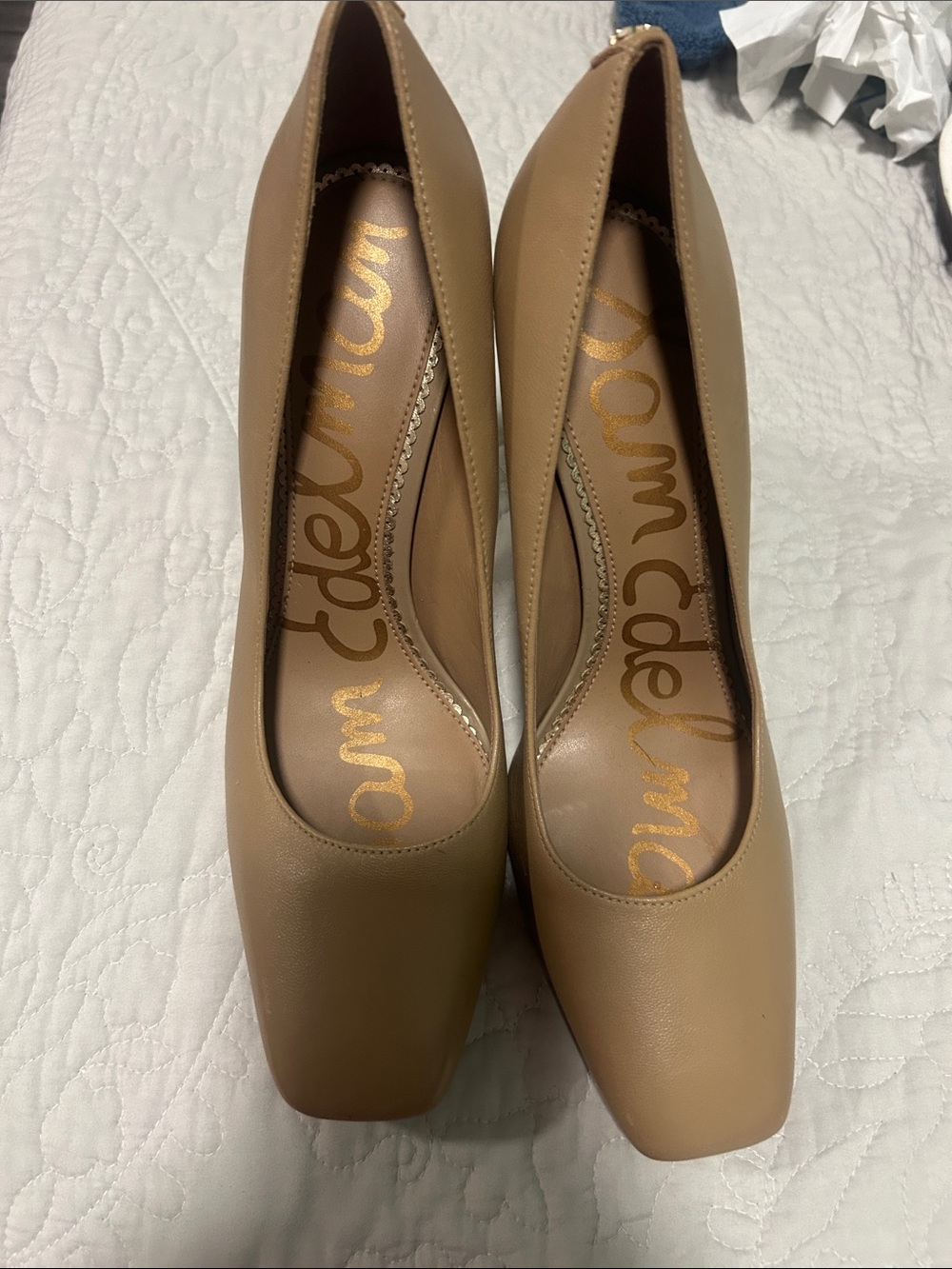Sam Edelman Nude/Tan Square-Toe Leather Pumps